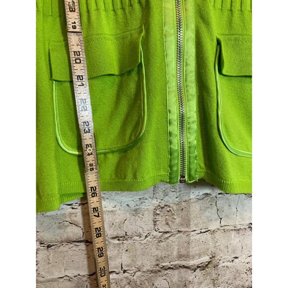 AVA Sweater Womens Large Neon Green Full Front Zip Up Satin Cowl Neck Cardigan - Picture 8 of 12